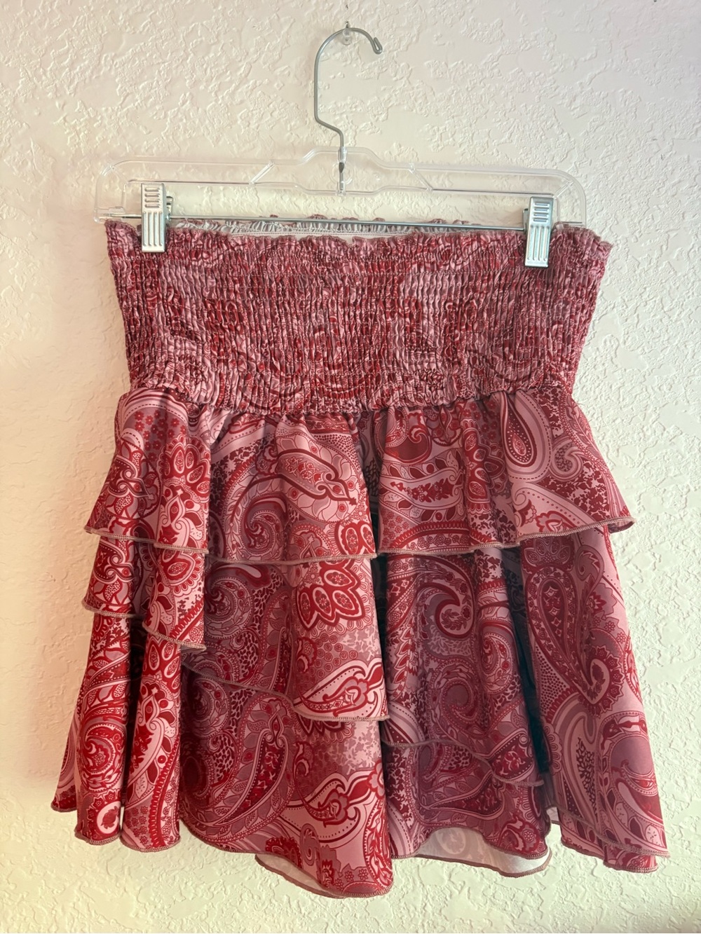 Smocked Waist Red Paisley Ruffle Mini Skirt